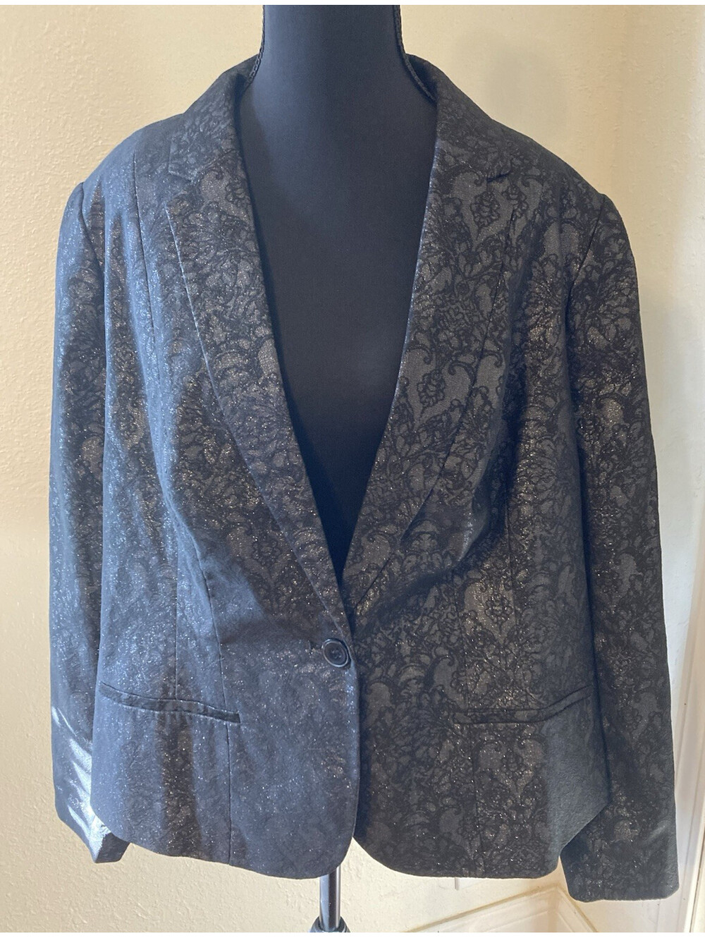 Worthington Jacquard Black Metallic One Button Blazer Jacket Long Sleeve Sz 1X